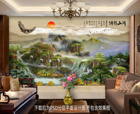 雄鹰油画山水背景墙