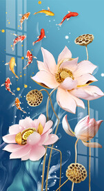 浮雕荷花九鱼图玄关背景墙