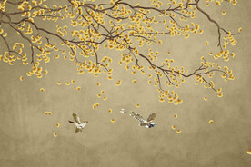 新中式银杏花鸟背景墙壁画