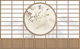 中式日式花鸟屏风电视背景墙