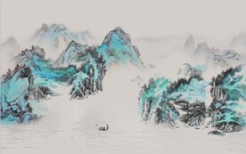 新中式青山绿水水墨国画背景墙