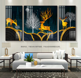 轻奢群山麋鹿客厅装饰画三联画