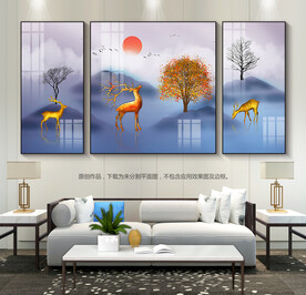 抽象山水装饰画群山图麋鹿挂画