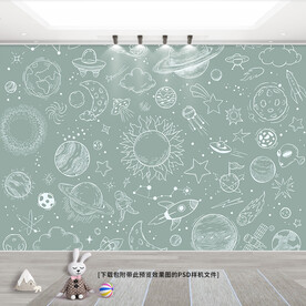 手绘宇宙星球儿童背景墙