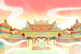 国潮插画装饰云朵古代建筑背景