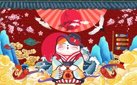招财猫樱花工装背景墙