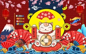 国潮招财猫樱花工装背景墙