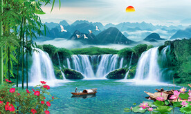 山水风景画瀑布背景墙