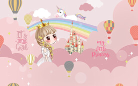 卡通公主城堡热气球儿童房背景墙