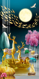 石来运转金色发财鹿玄关背景墙