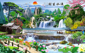 流水生财瀑布山水风景背景墙