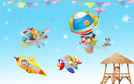 手绘卡通航天飞行床头背景画