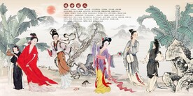 新中式绝世佳人国画电视背景墙