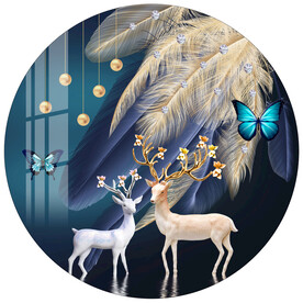 轻奢羽毛麋鹿圆形装饰画