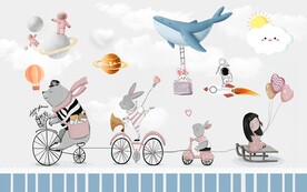 卡通骑单车儿童房背景墙