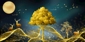 晶瓷画 麋鹿 金色大树