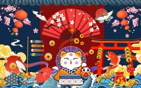 国潮招财猫和风工装背景墙图片