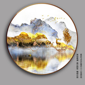 大理石金山麋鹿山水圆形装饰画