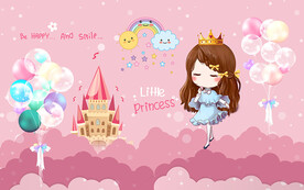 可爱公主城堡气球儿童房背景墙