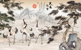 中式松树大展宏图国画电视背景墙