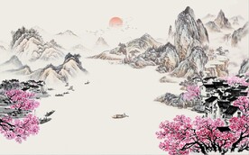 江南民居山水国画电视背景墙