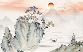 中式青绿山水国画电视背景墙