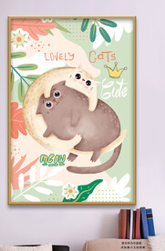 可爱卡通两只猫咪装饰画