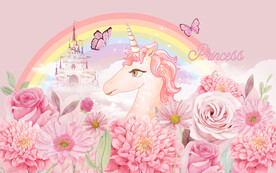 粉色花海独角兽儿童房背景墙