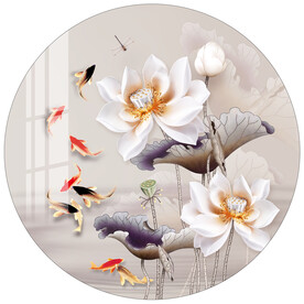 浮雕荷花九鱼图圆形装饰画