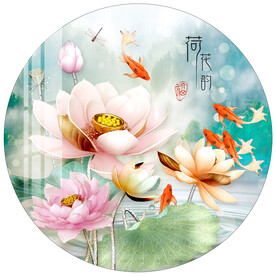 浮雕荷花九鱼圆形装饰画