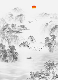 禅意水墨山水复式楼背景墙