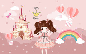 卡通小公主彩虹城堡儿童房背景墙