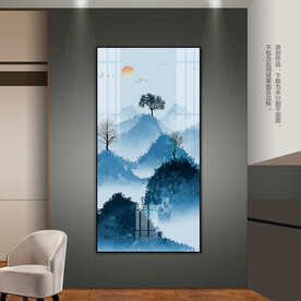 蓝色水墨山水画客厅装饰画玄关画