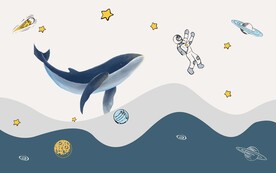 卡通鲸鱼太空飞船背景墙壁画
