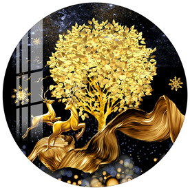 金色飘带轻奢麋鹿发财树装饰画