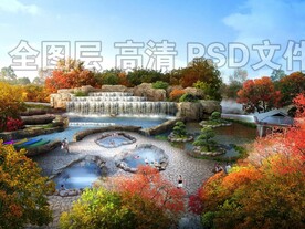 秋季假山瀑布温泉