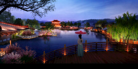 桃红柳绿古镇夜景