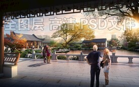 黄昏古建园林景观