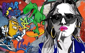 街头汽车美女涂鸦餐饮酒吧背景墙