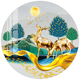 金色飘带轻奢羽毛麋鹿圆形装饰画