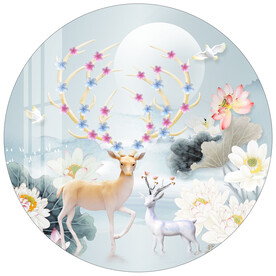 新中式荷花麋鹿圆形装饰画