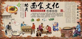 复古面食文化餐饮背景墙壁画