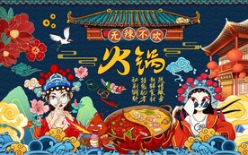 工装 麻辣火锅国潮插画背景图片