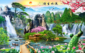 流水生财旭日东升孔雀背景墙
