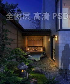 日式庭院楼阁夜景