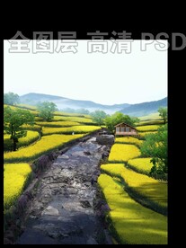 油菜花田溪流乡村