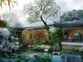 假山古建园林雨景