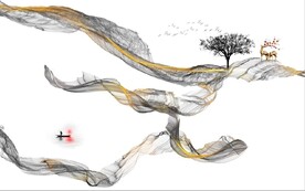 新中式抽象水墨麋鹿山水背景墙