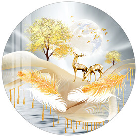 金色发财树麋鹿现代圆形装饰画