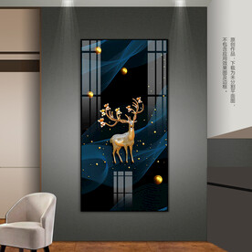 蓝色抽象线条发财鹿客厅玄关挂画